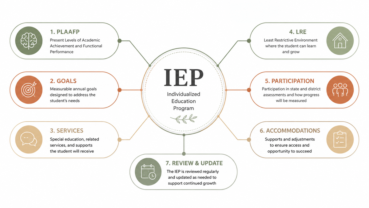 An infographic showing all the different parts of an IEP - PLAAF, goals, services, LRE, participation, accommodations, and review & update