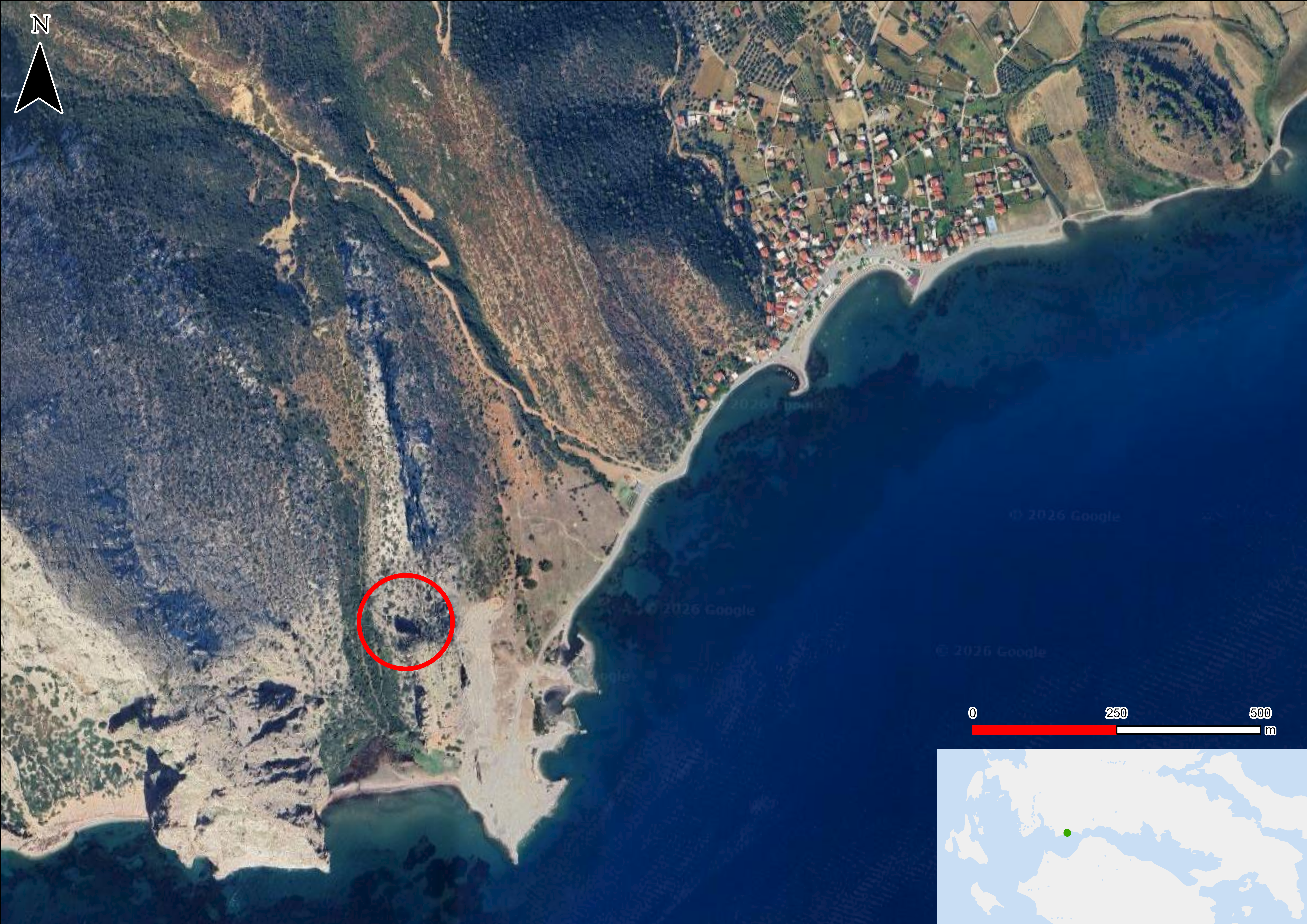 Figure 1 - Satellite image showing the location of Pangali. (Background: Google Satellite, Map: Frederik Vingaard © Project Pangali). 