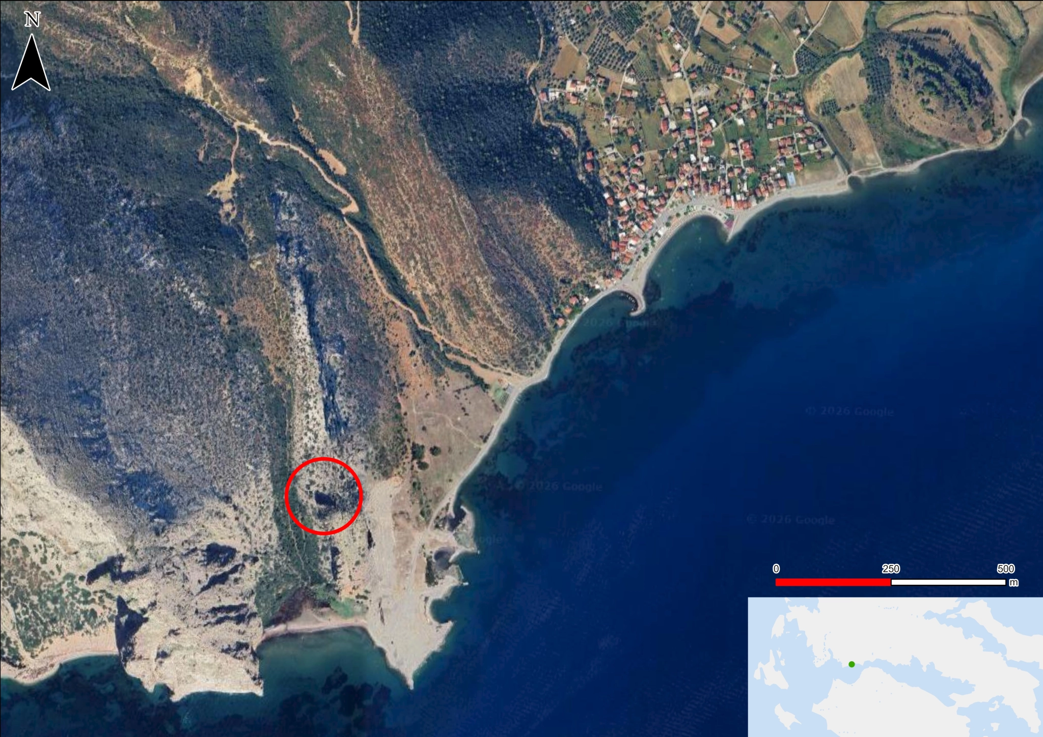 Figure 1 - Satellite image showing the location of Pangali. (Background: Google Satellite, Map: Frederik Vingaard © Project Pangali).