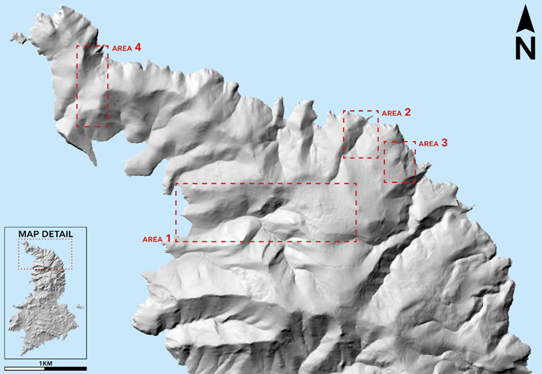 Fig. 4. Identificerede områder i det nordlige Syros, hvor forhistorisk jadeitit-udvinding og økseproduktion har fundet sted. Fremtidige undersøgelse vil fokusere på Kampos-dalen (AREA 1) og de omkringliggende dale (AREA 2-4).