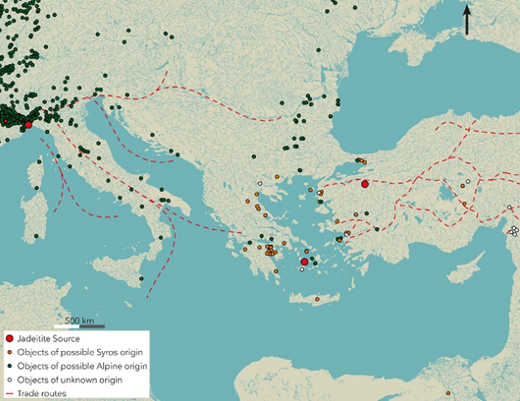 Fig. 3. Distributionen af jadeitit-kilder og -økser i det vestlige Middelhavsområde (de italienske alper) og det østlige Middelhavsområde (Kykladeøen Syros i Grækenland og Harmancik ved Bursa i det vestlige Tyrkiet).