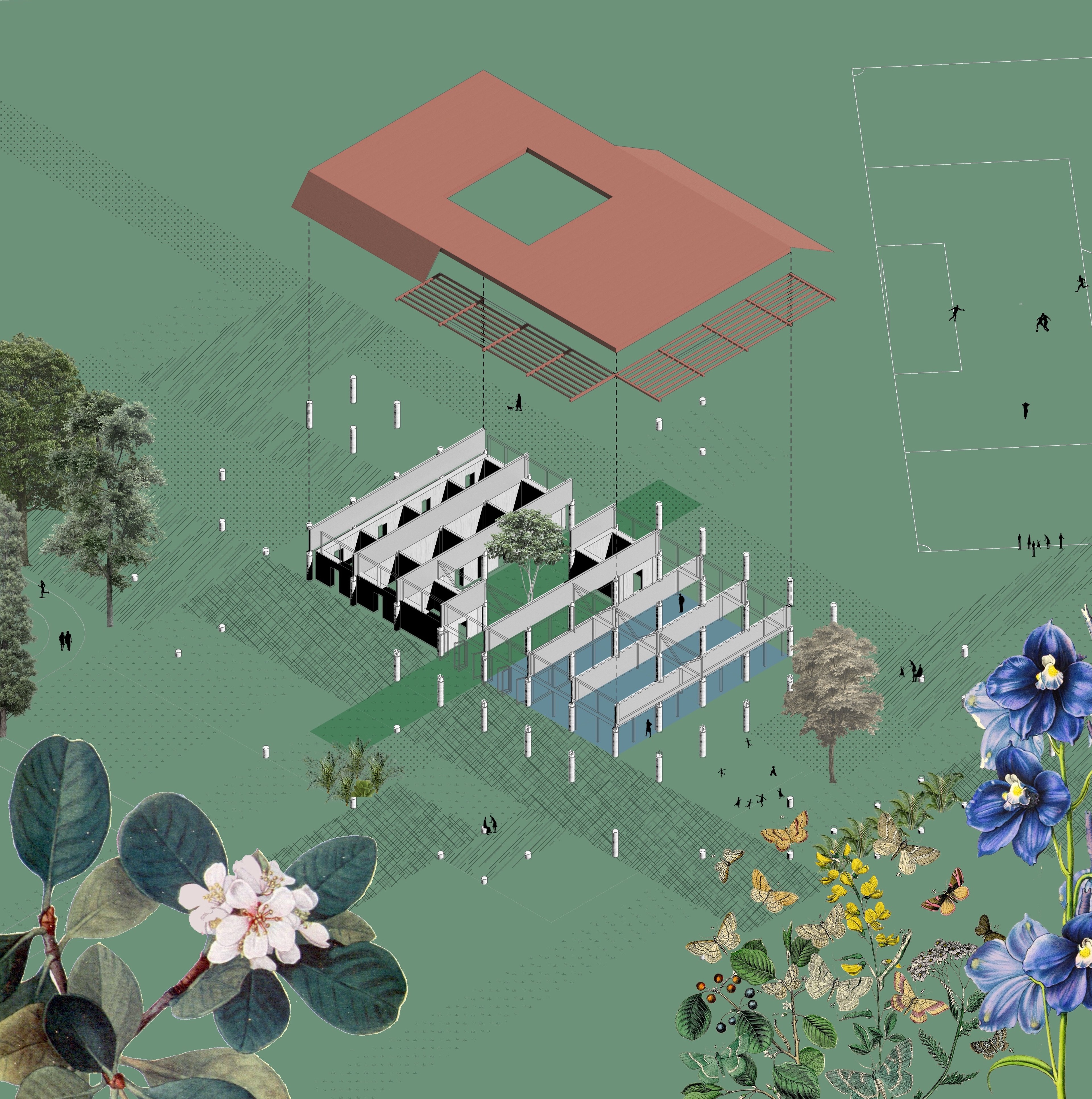 Exploded axonometric of the new pavilion.
