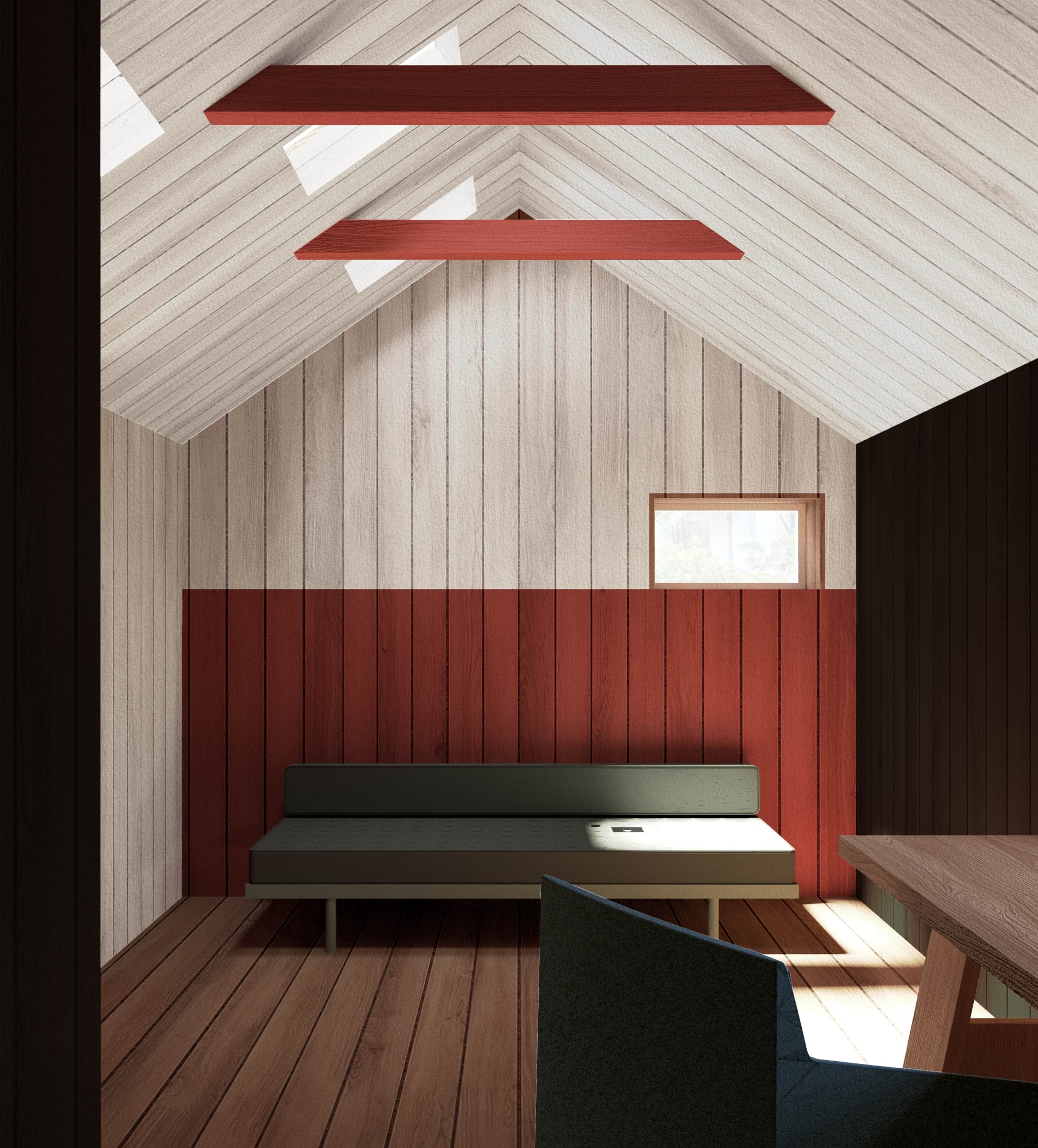 Internal view of writing room with stained timber lining.