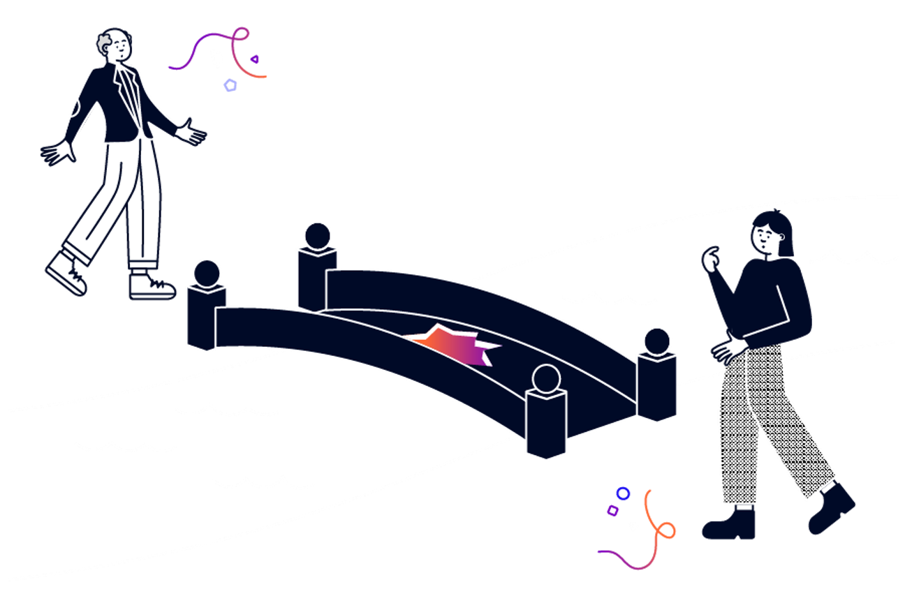 A younger woman and an older man at either end of a broken bridge