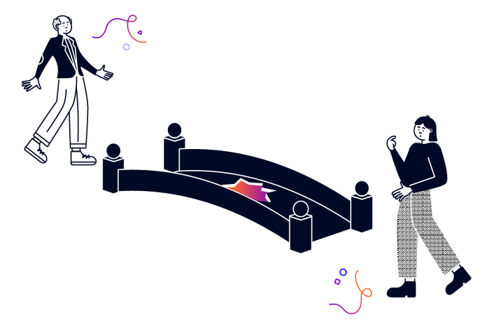 A younger woman and an older man at either end of a broken bridge
