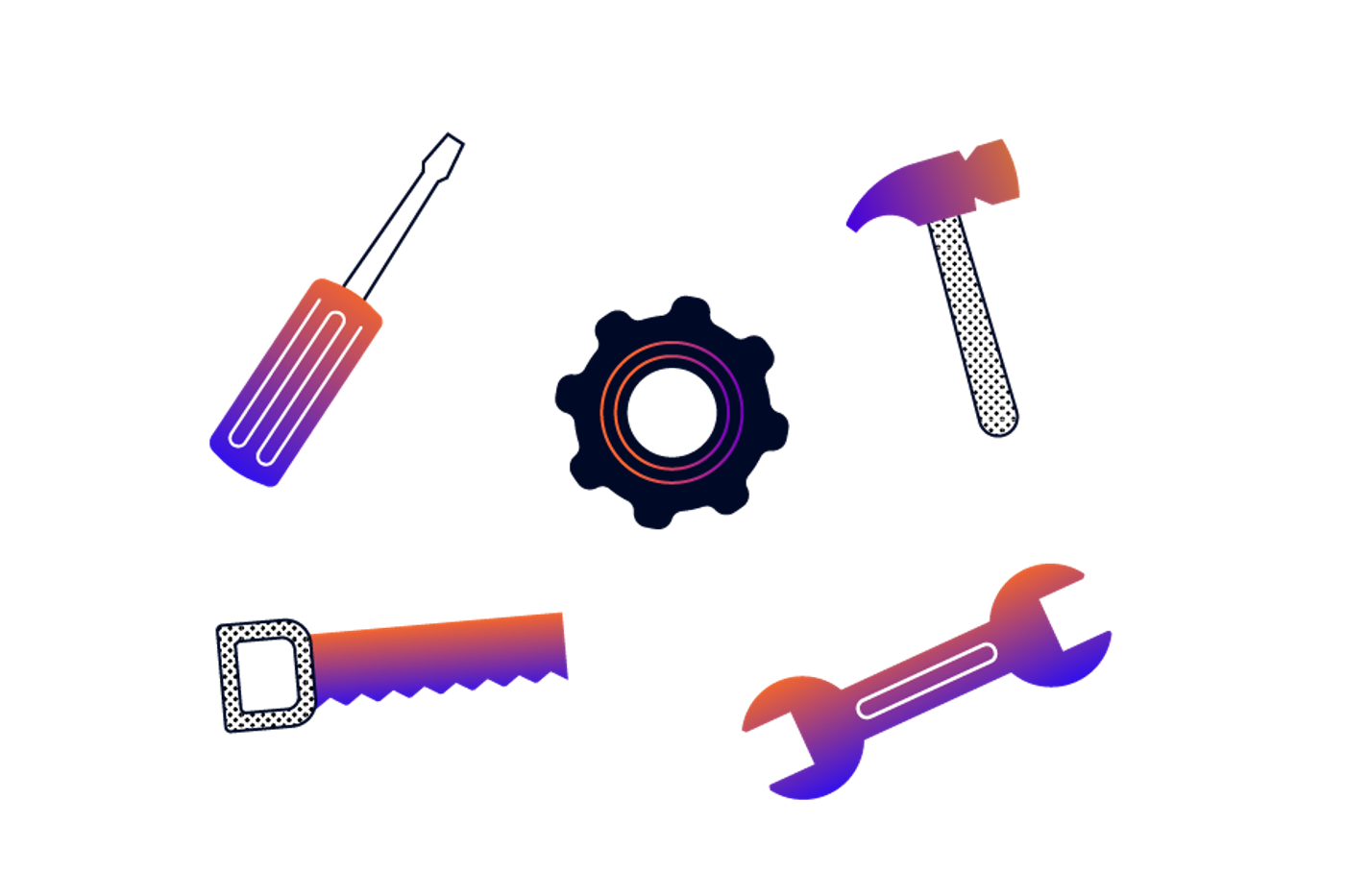 A screwdriver, saw, spanner, hammer, and cogwheel