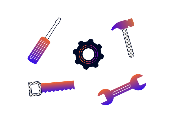 A screwdriver, saw, spanner, hammer, and cogwheel
