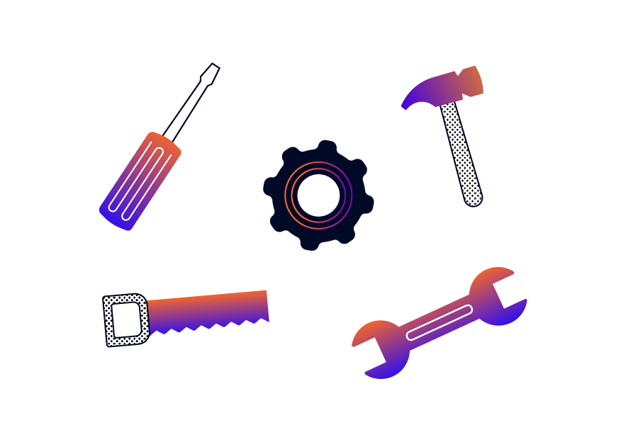 A screwdriver, saw, spanner, hammer, and cogwheel