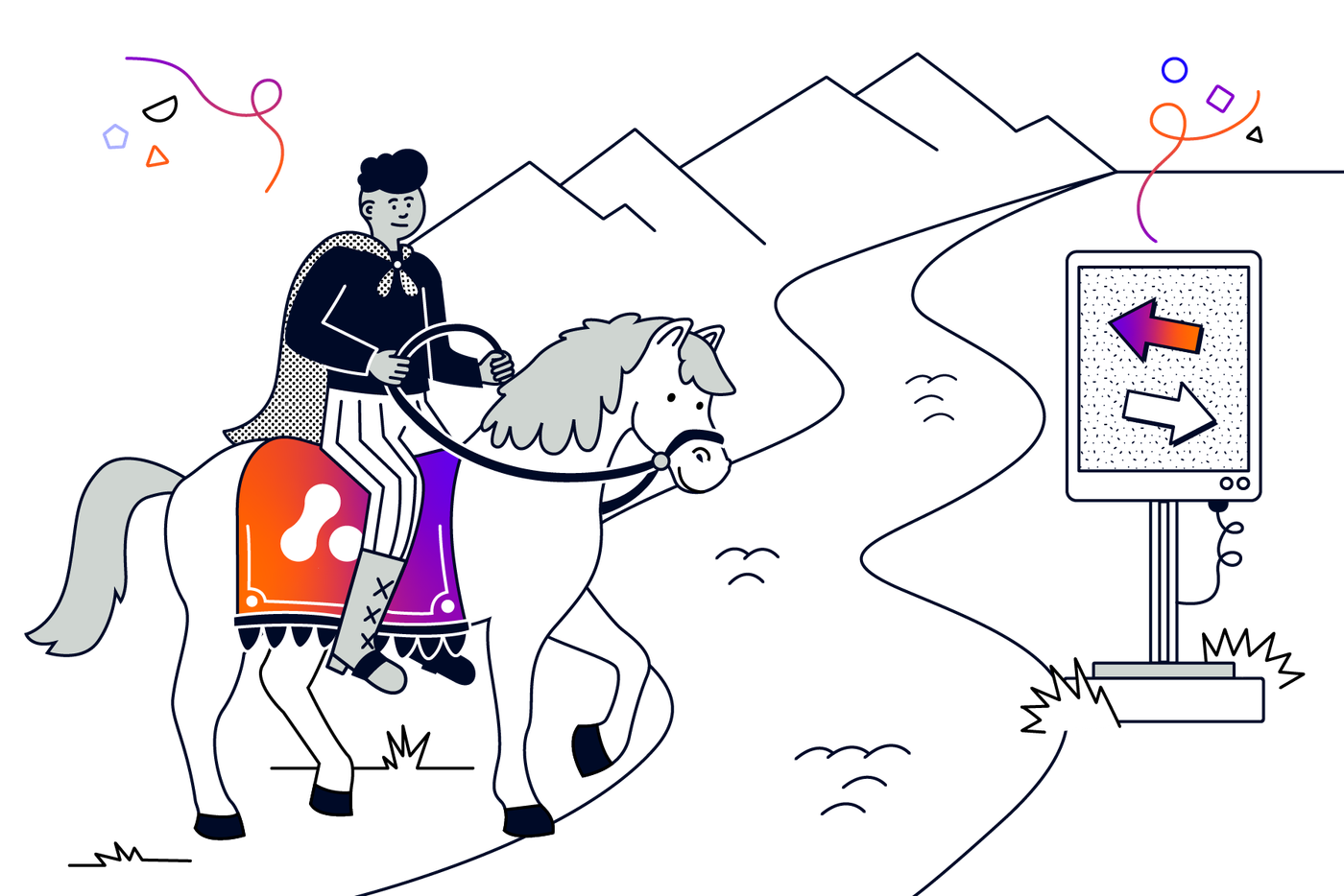 A person on a horse by a river with moutains in the background. They're looking at a digital tablet display sign with two arrows on it.