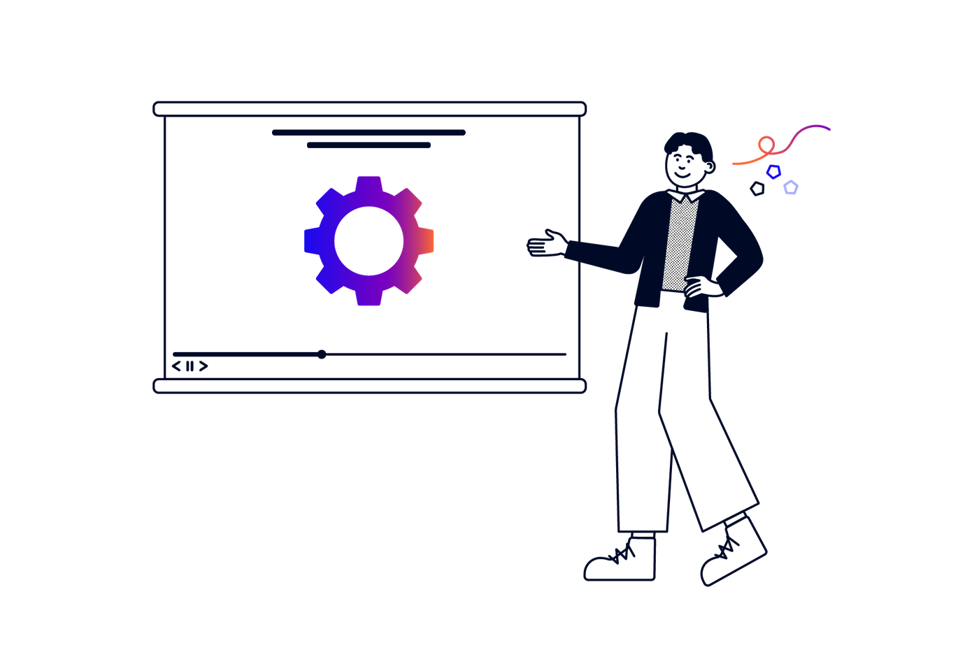 A person presenting a video screen with a cog icon in the centre
