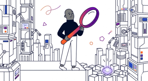 Person holding a giant magnifying glass, surrounded by futuristic machines