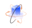 A server rising from clouds surrounded by three rings at different angles