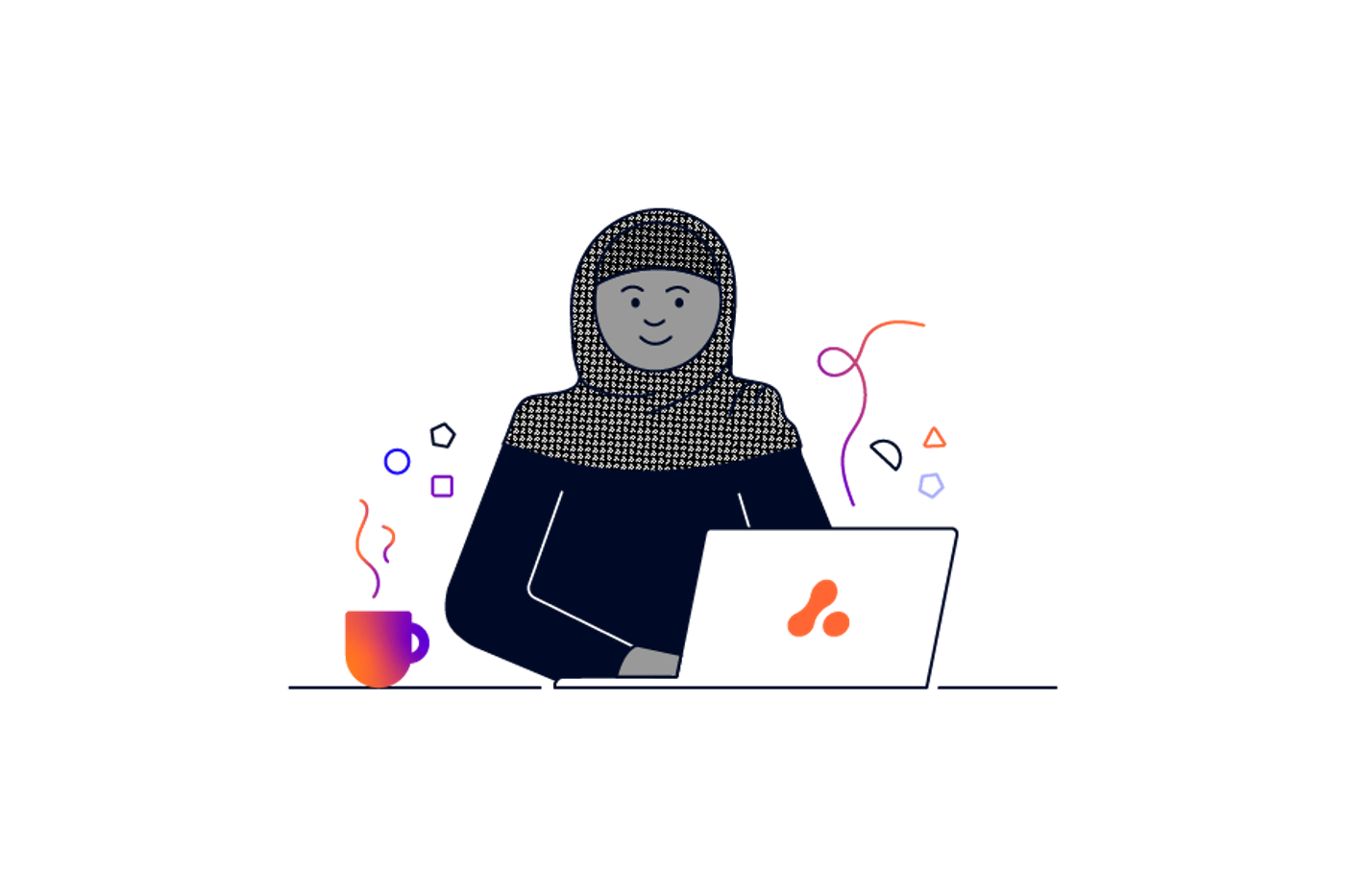 A person wearing a headscarf sitting in front of an Adaptavist Group laptop with a hot drink next to them