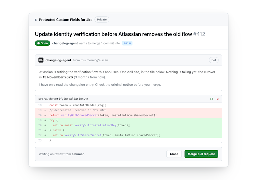 An example pull request that the changelog agent would make