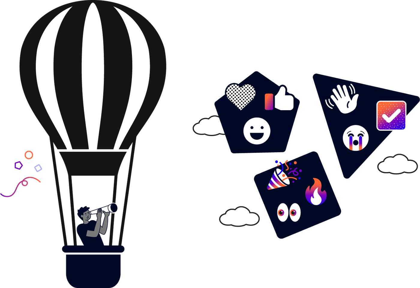 An illustration of a person in a hot air balloon looking through a telescope at assorted emojis and shapes in the sky