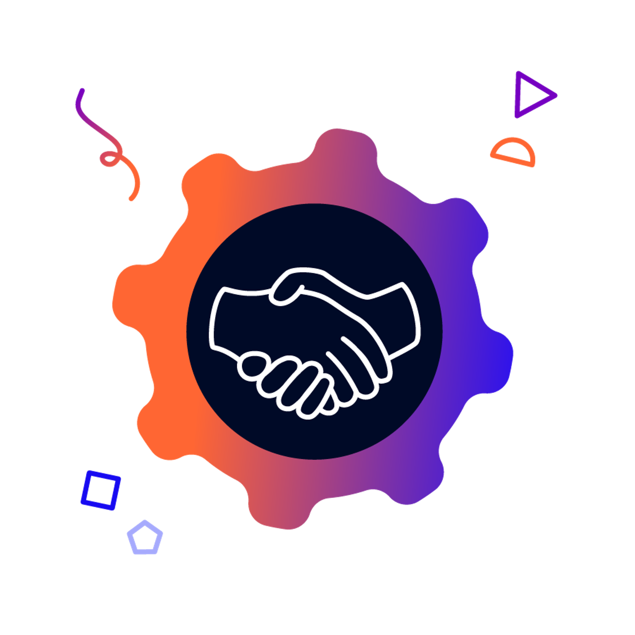 A handshake in a cogwheel, surrounded by confetti