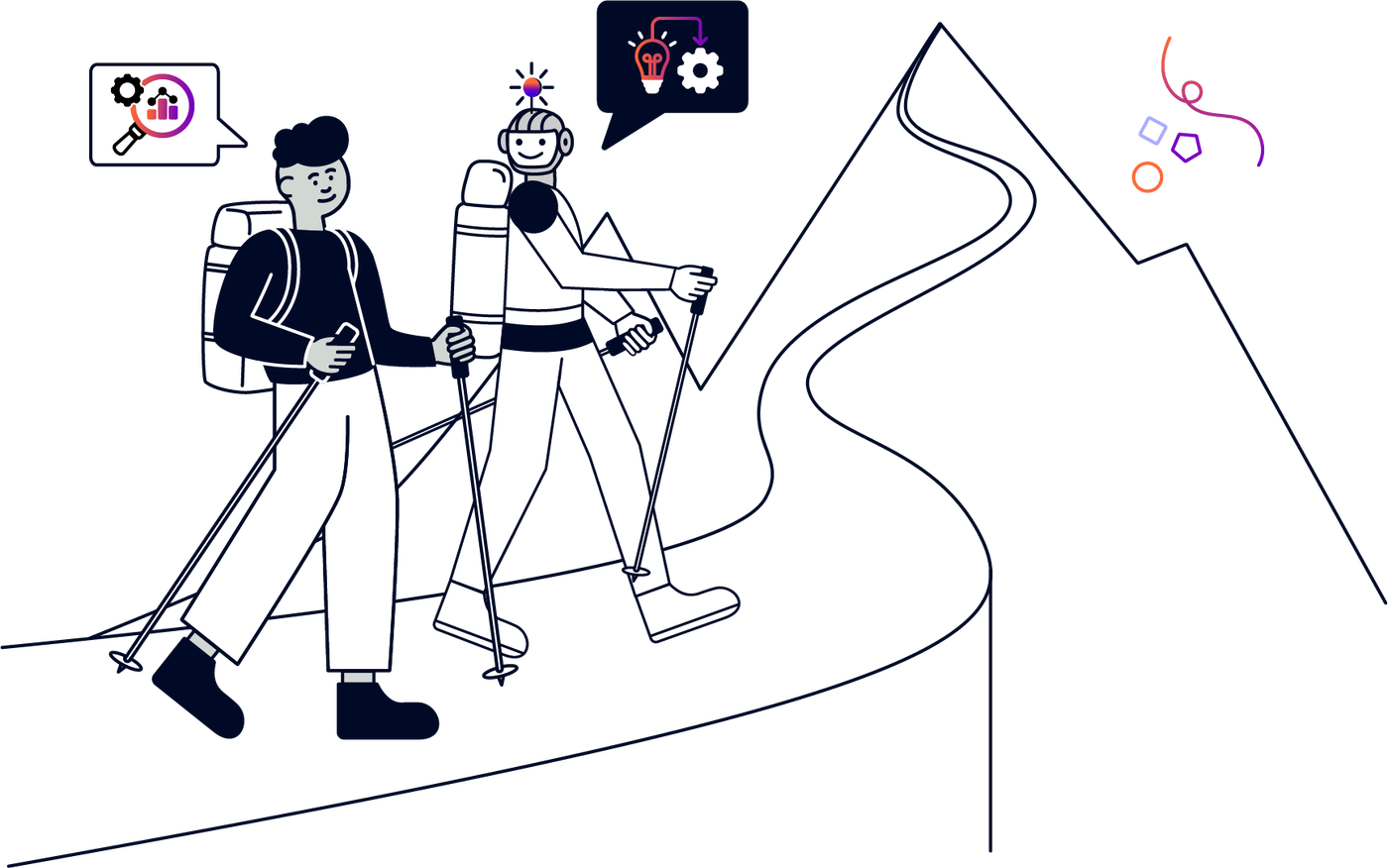 An illustration of a person and a robot sharing ideas as they hike up a mountain together