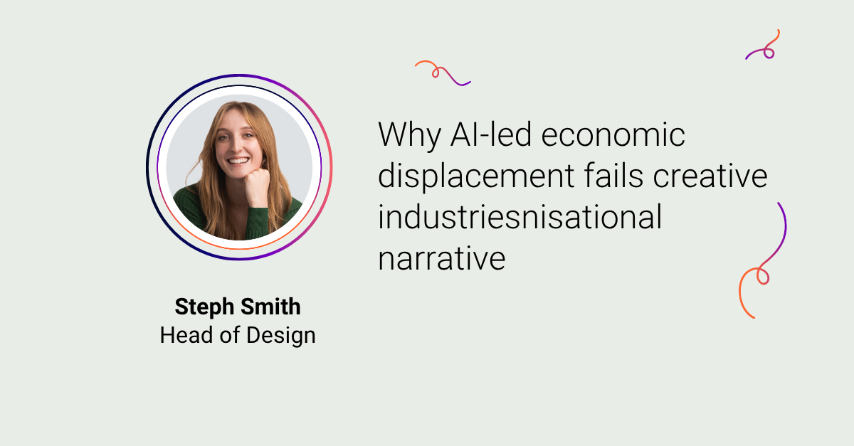 A headshot image of Steph Smith with the title 'Why AI-led economic displacement fails creative industries' and The Adaptavist Group logo