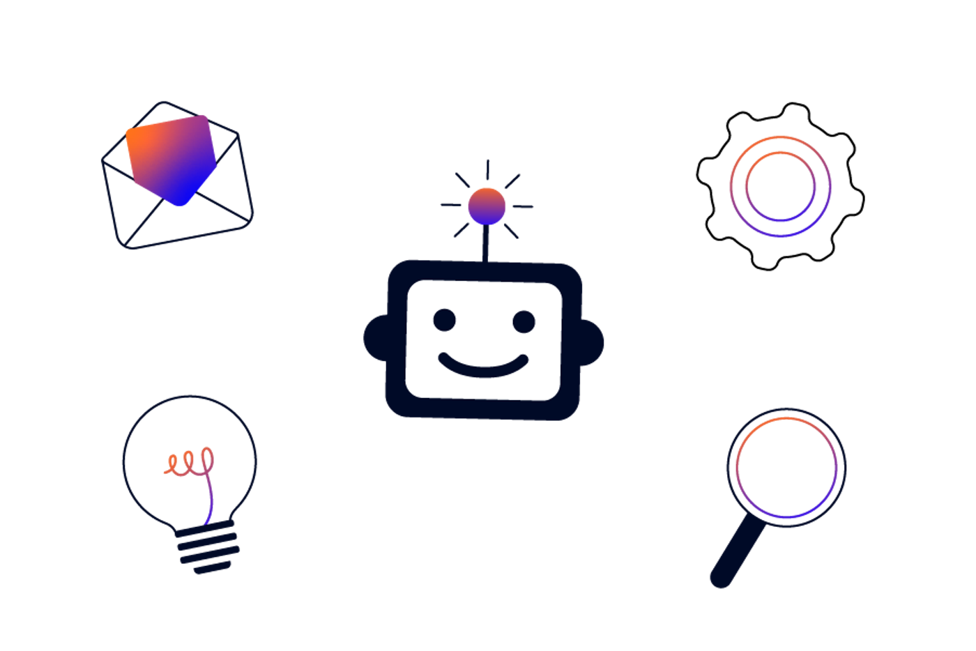 A robot head surrounded by an envelope, a lightbulb, a cogwheel, and a magnifying glass