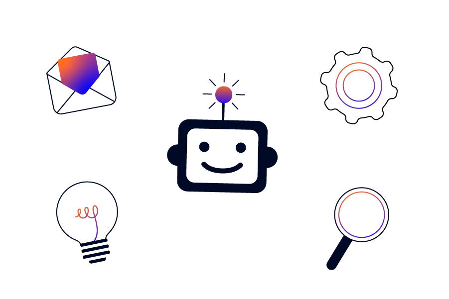 A robot head surrounded by an envelope, a lightbulb, a cogwheel, and a magnifying glass