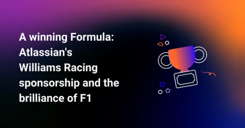 Text on a gradient background with a trophy illustration on the right. Text reads: A winning Formula: Atlassian's  Williams Racing sponsorship and the brilliance of F1