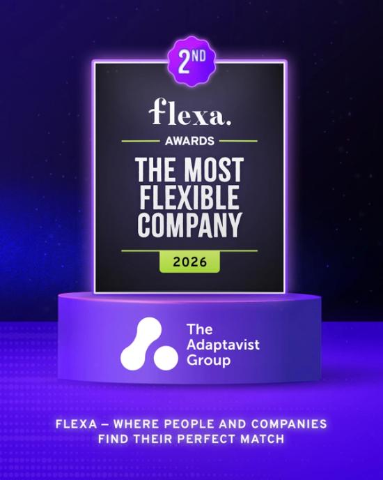 Text reading 'Flexa Awards The Most Flexible Company 2026' with The Adaptavist Group logo