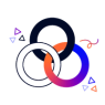 Three circles interlinked: one black, one white, and one with a gradient of colours