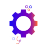 A cog with a gradient of colours and colourful confetti shapes