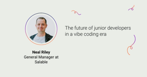A headshot photo of Neal Riley with the text 'The future of junior developers in a vibe coding era' with The Adaptavist Group logo