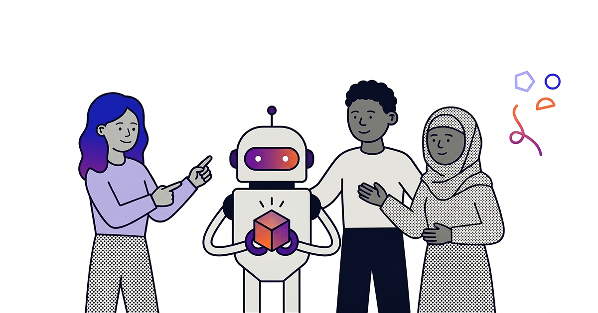 Three people around a robot holding a cube