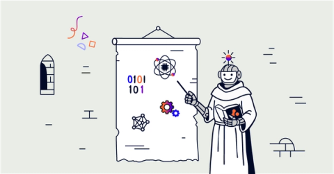 A robot in a cowl pointing at a scroll with AI-related icons on it in a medieval setting.