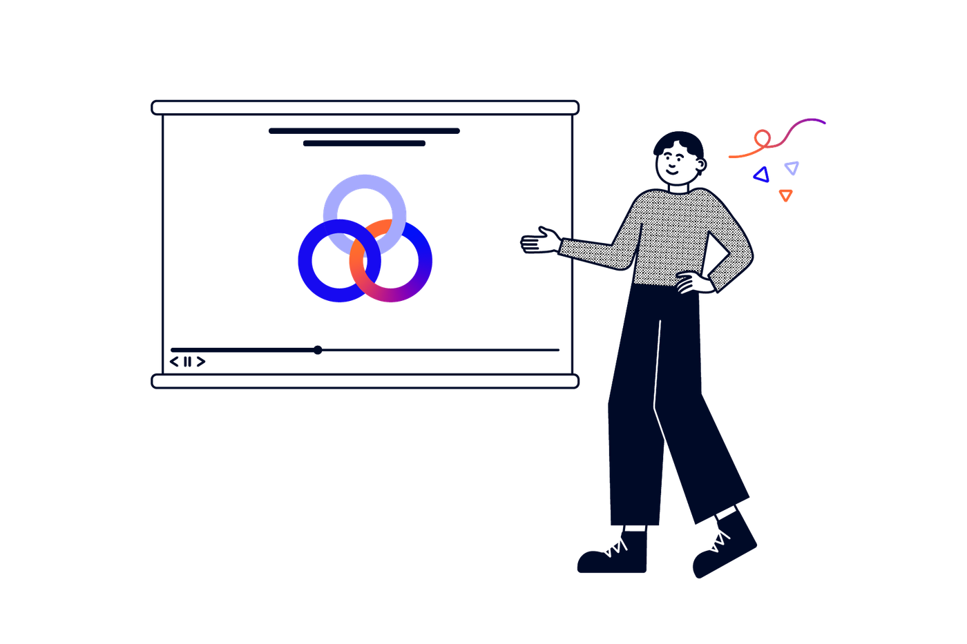 Person standing next to a video about ITSM with an icon of three circles on screen
