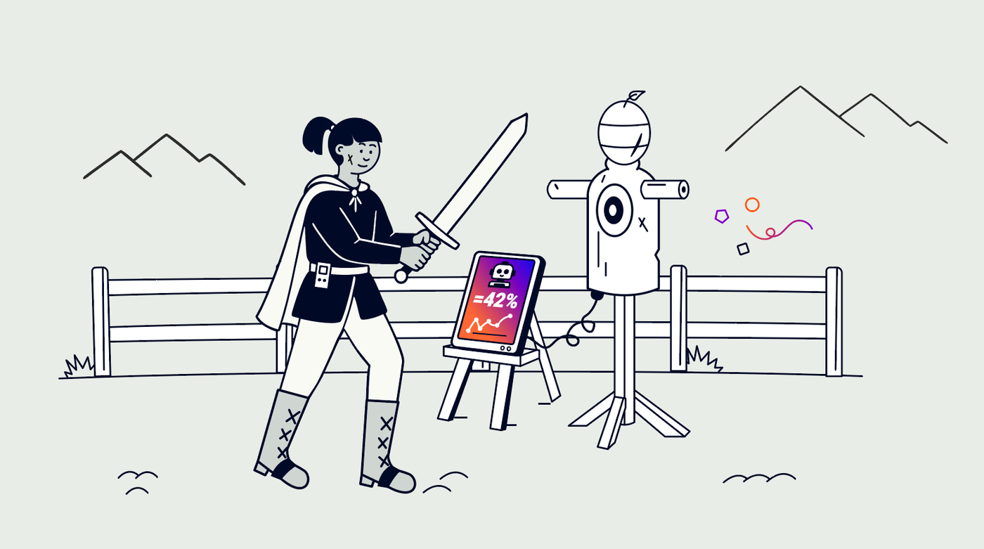 A person learning a new digital skill in a medieval context. The person is attempting to use a sword to fight a dummy plugged into a digital screen.