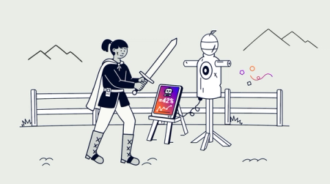 A person learning a new digital skill in a medieval context. The person is attempting to use a sword to fight a dummy plugged into a digital screen.