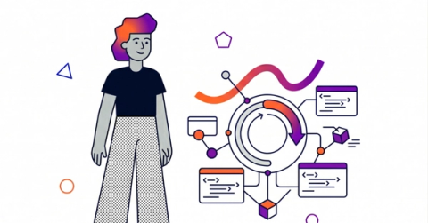 Person smiling next to graphics illustrating a software cycle