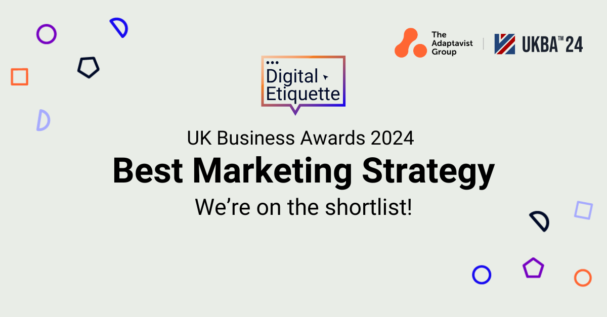 Text reading 'UK Business Award 2024', 'Best Marketing Strategy', and 'We're on the shortlist!', surrounded by confetti icons and The Adaptavist Group and UKBA 24 logos.