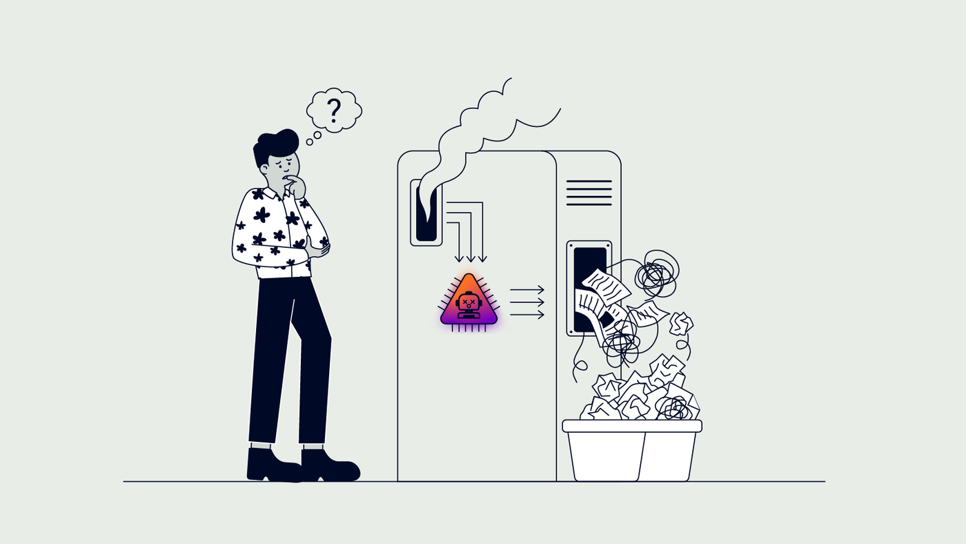 A person confused standing next to an AI machine that is returning rubbish