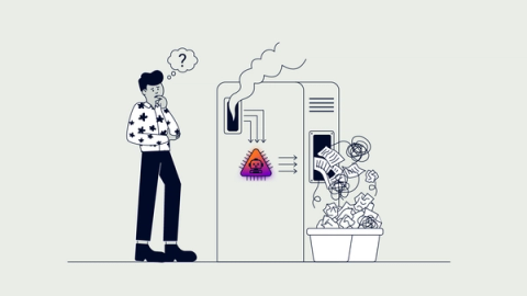 A person confused standing next to an AI machine that is returning rubbish