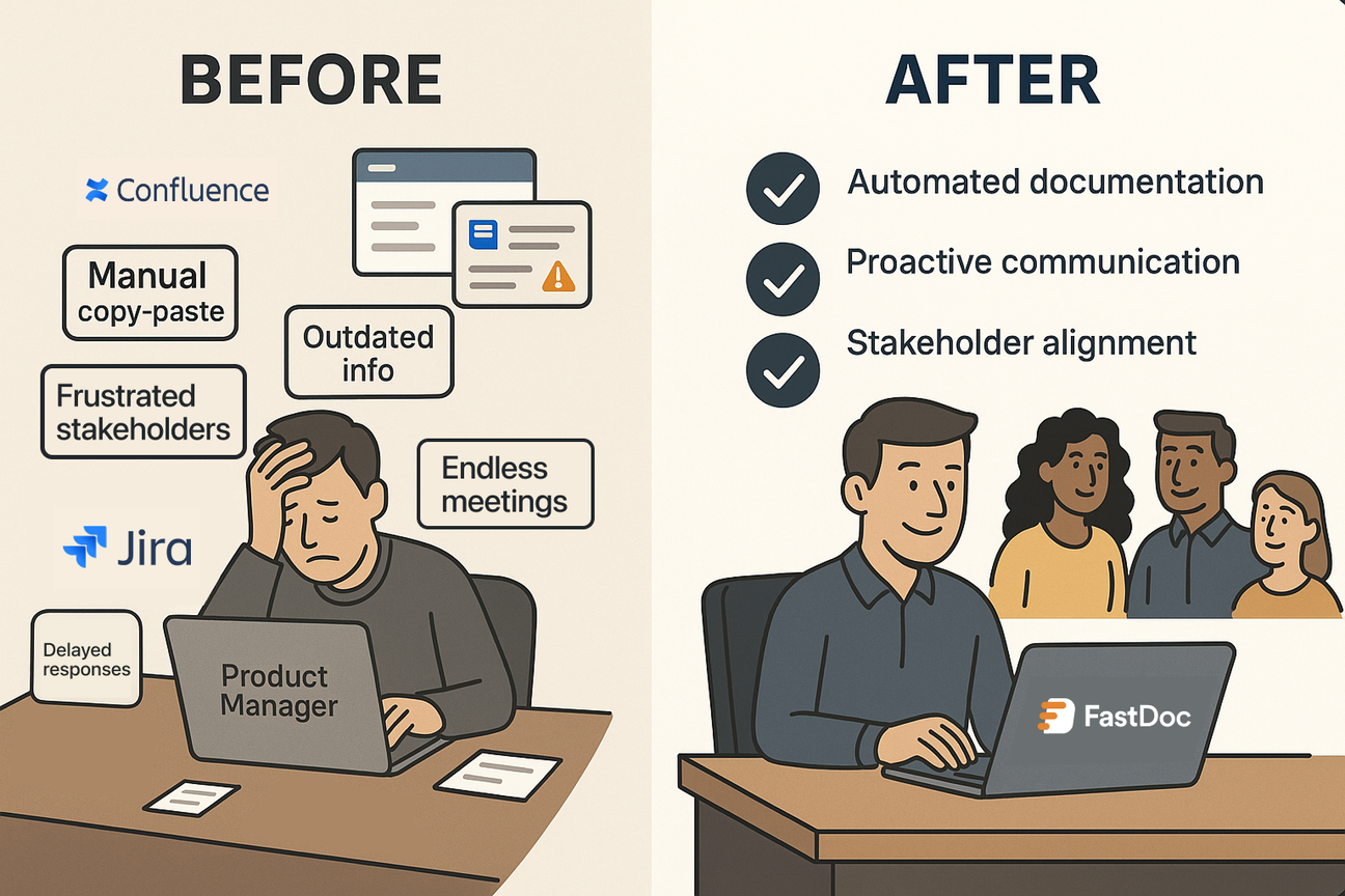 Before and after using FastDoc images of a project manager, looking stressed before and happy with a team of people afterwards.