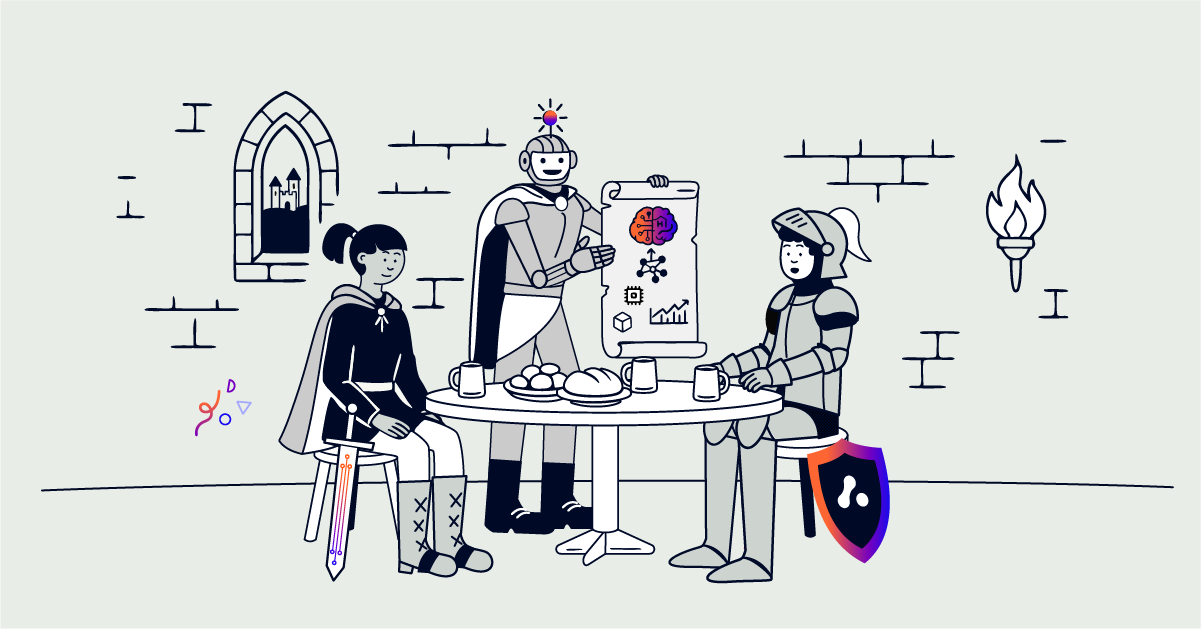 A person and a knight sitting at a table, while a robot shows them a scroll with tech icons.
