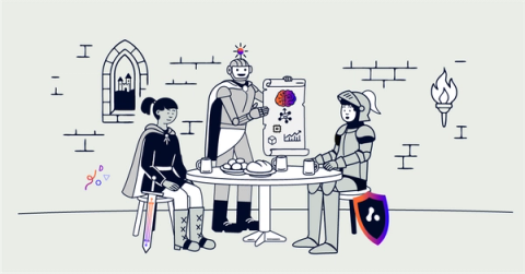 A person and a knight sitting at a table, while a robot shows them a scroll with tech icons.