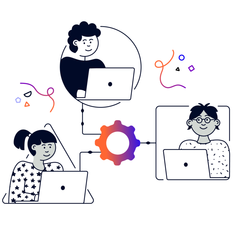 Illustration of three people working on laptops, with lines connecting them to a cog wheel in the centre