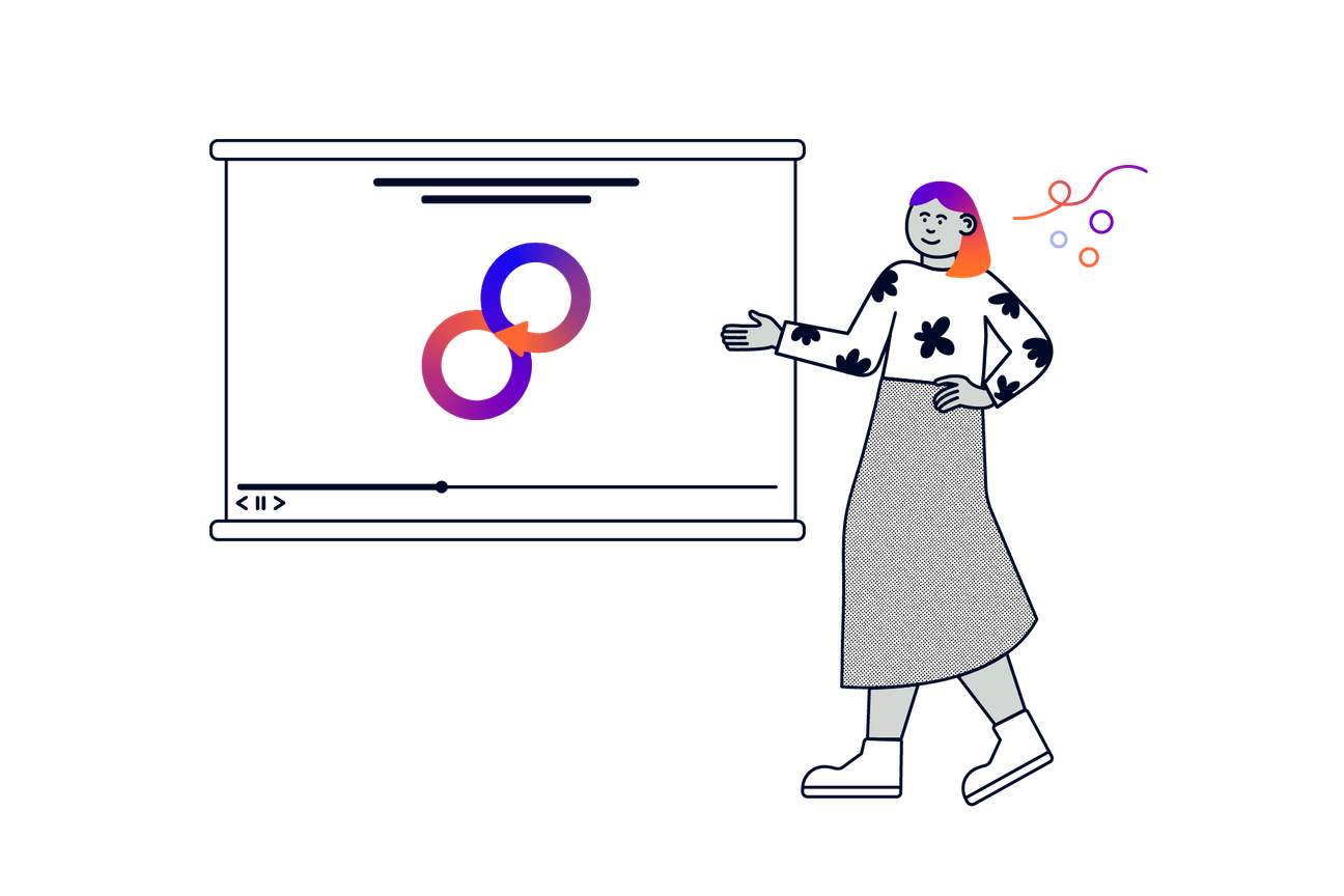 A person presenting a video screen with an icon of a looping arrow overlapping a circle in the centre