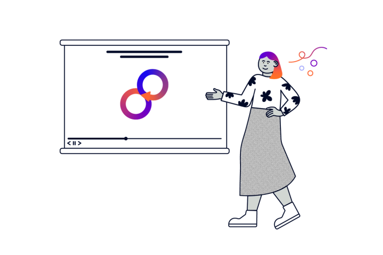 A person presenting a video screen with an icon of a looping arrow overlapping a circle in the centre