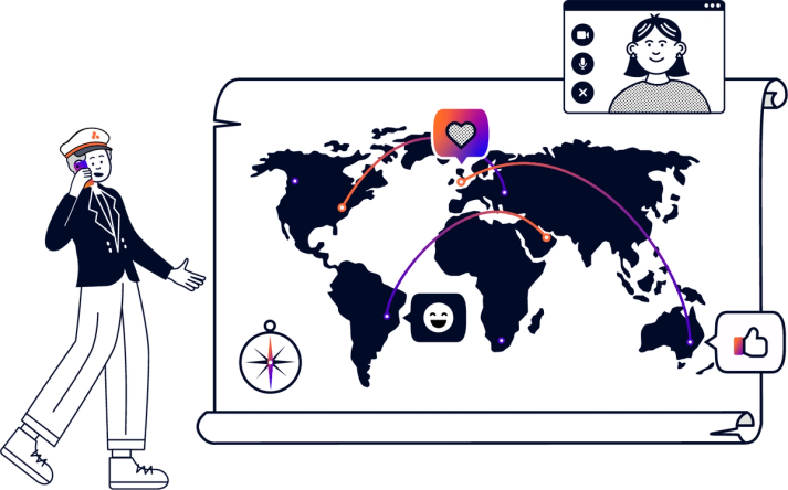 Illustration of a person in a nautical themed outfit talking on the phone. They are standing in front of a large scroll with a world map on it, with emoji icons as pins dotted around. Above the map, a person is shown in a video call window. 