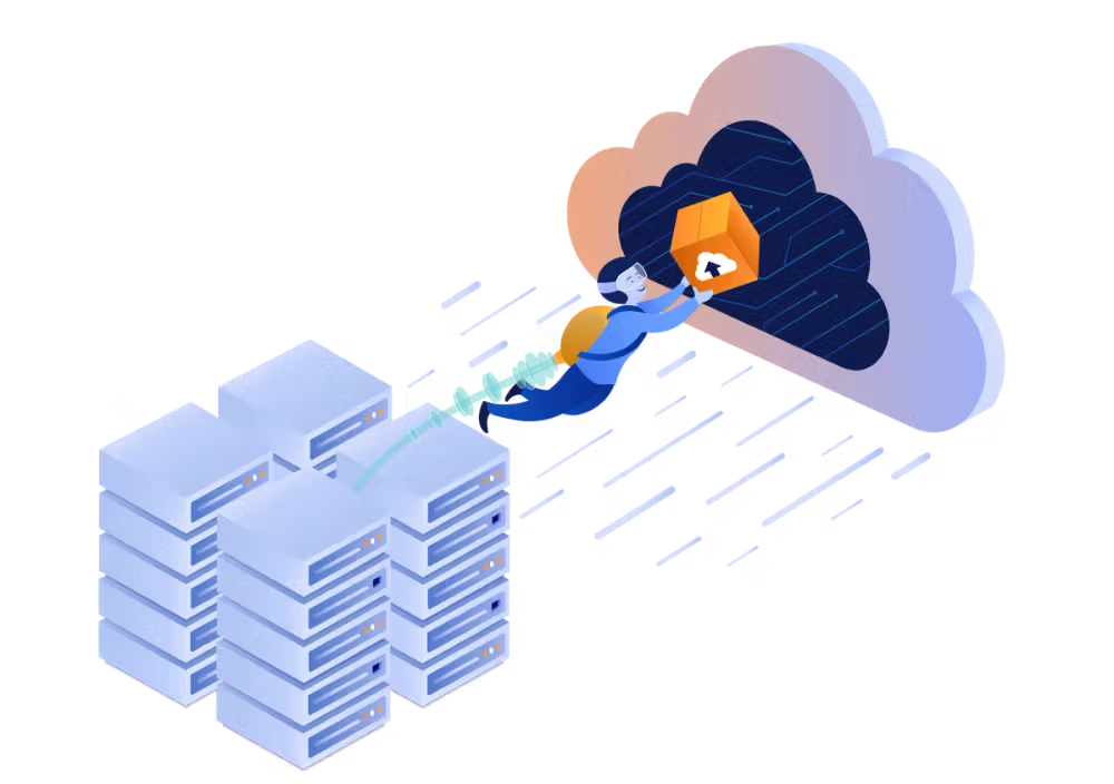 A person flying from servers towards a cloud while carrying a box