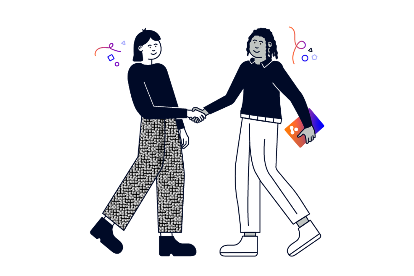 Two people shaking hands. One of them is holding a laptop with The Adaptavist Group glyph on it.