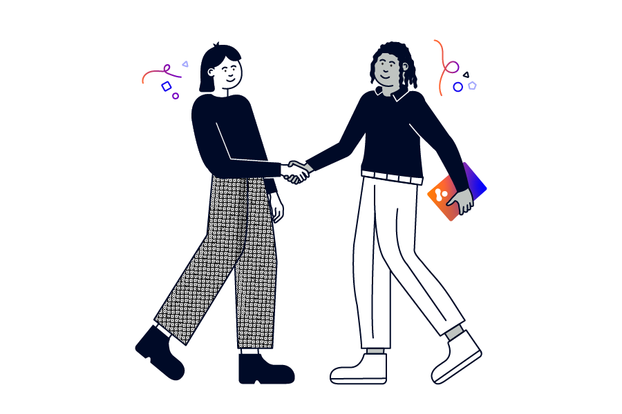 Two people shaking hands. One of them is holding a laptop with The Adaptavist Group glyph on it.