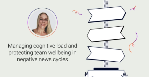 Text reading 'Emma Weston' and 'Managing cognitive load and protecting team wellbeing in negative news cycles' with a photo of Emma and The Adaptavist Group logo