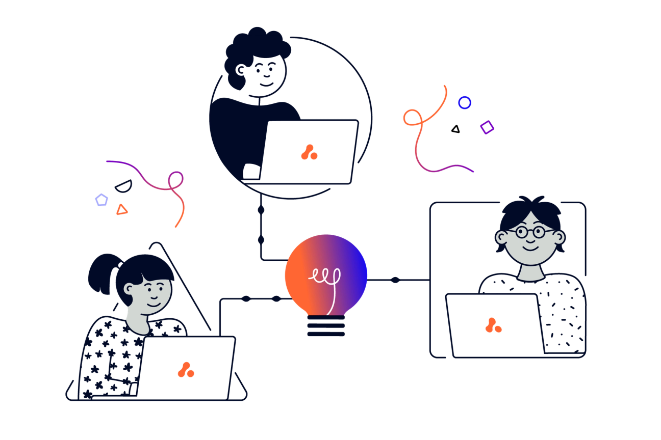 Three people connected to a light bulb via their laptops